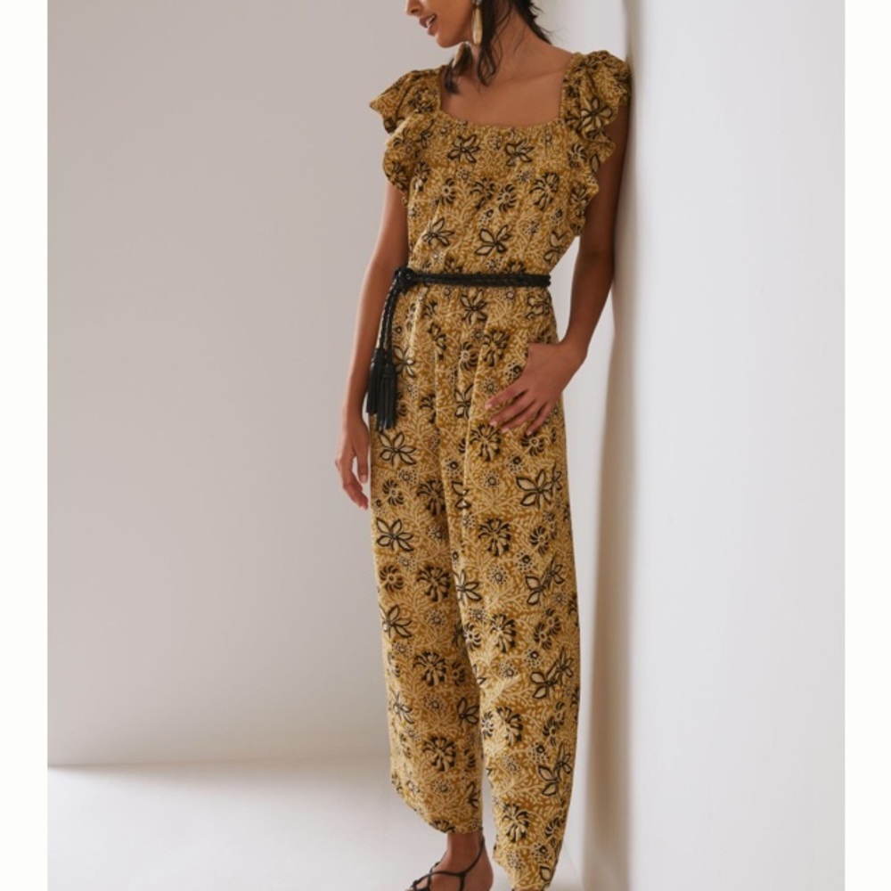 NWT Anthropologie KOPAL Myra Small jumpsuit wide leg, ruffled off shoulder Sz S